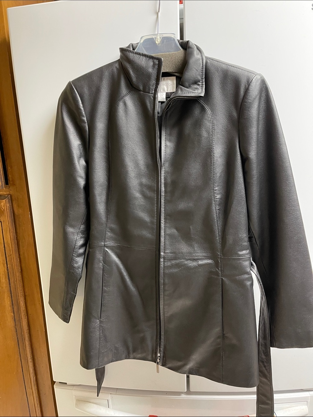 Worthington Dark Gray Leather Zip-Front Pea Coat
With tie belt petite small